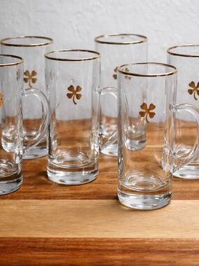 Gold Rim & Clover Glass Mug - Set of 6 Clear Irish Coffee Mugs